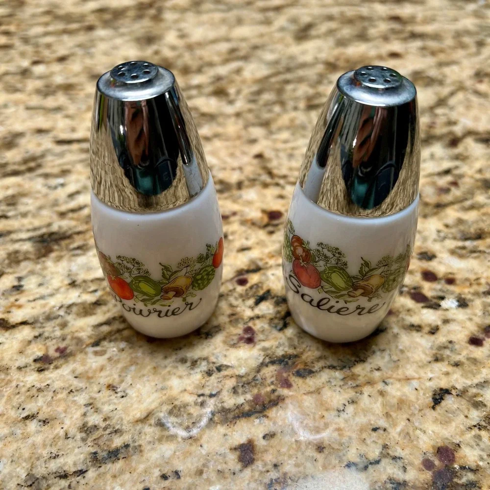 VTG Corning Ware Milk Glass Salt & Pepper Shakers French Vegetable Herb Motif
